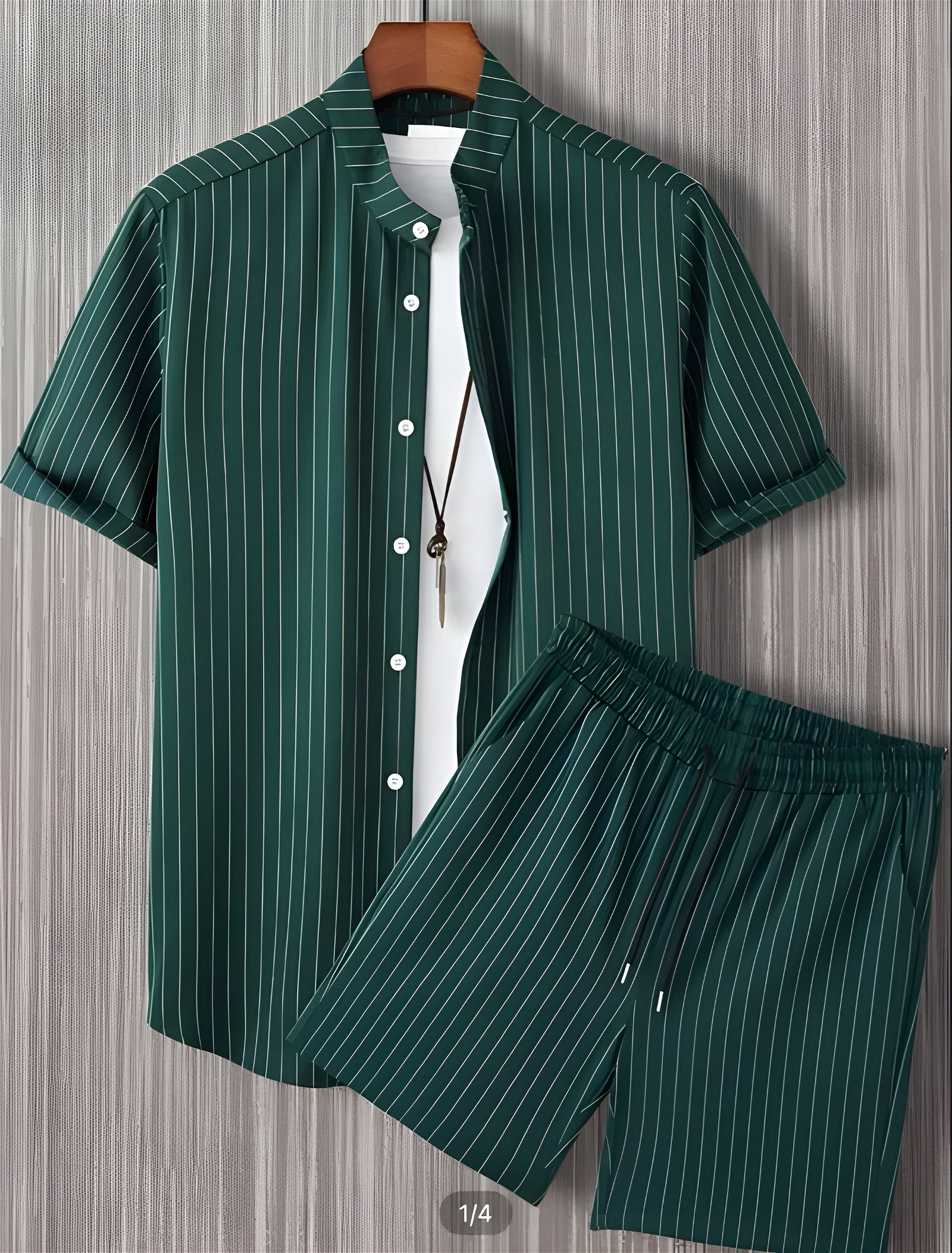 Green Plain Men's Shirt And Shorts Set Short Sleeve