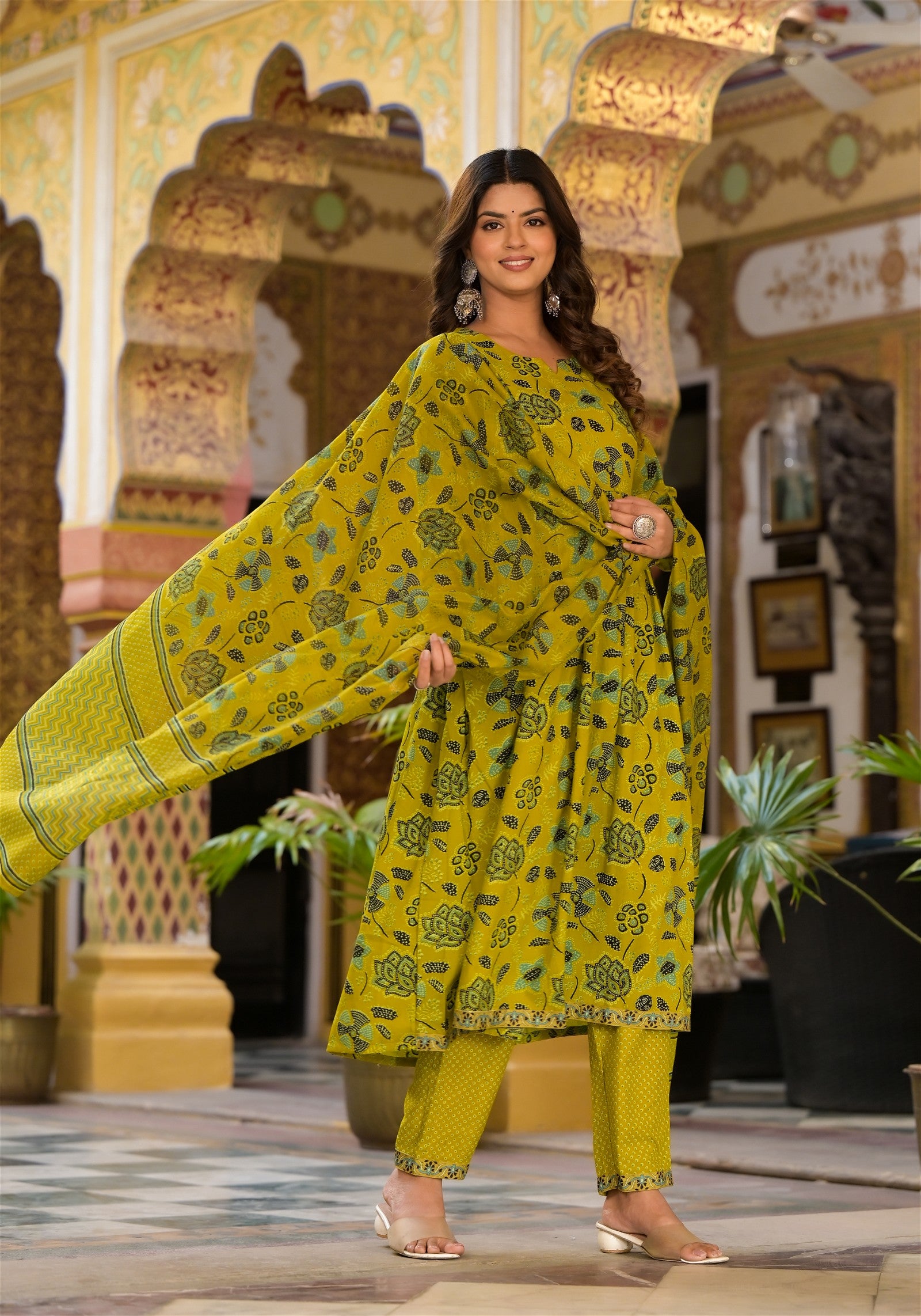 Yellow Simple Floral Printed Designer Kurta Set with Bottom and Dupatta